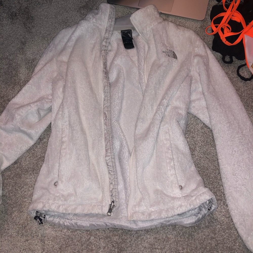 White north face fuzzy jacket